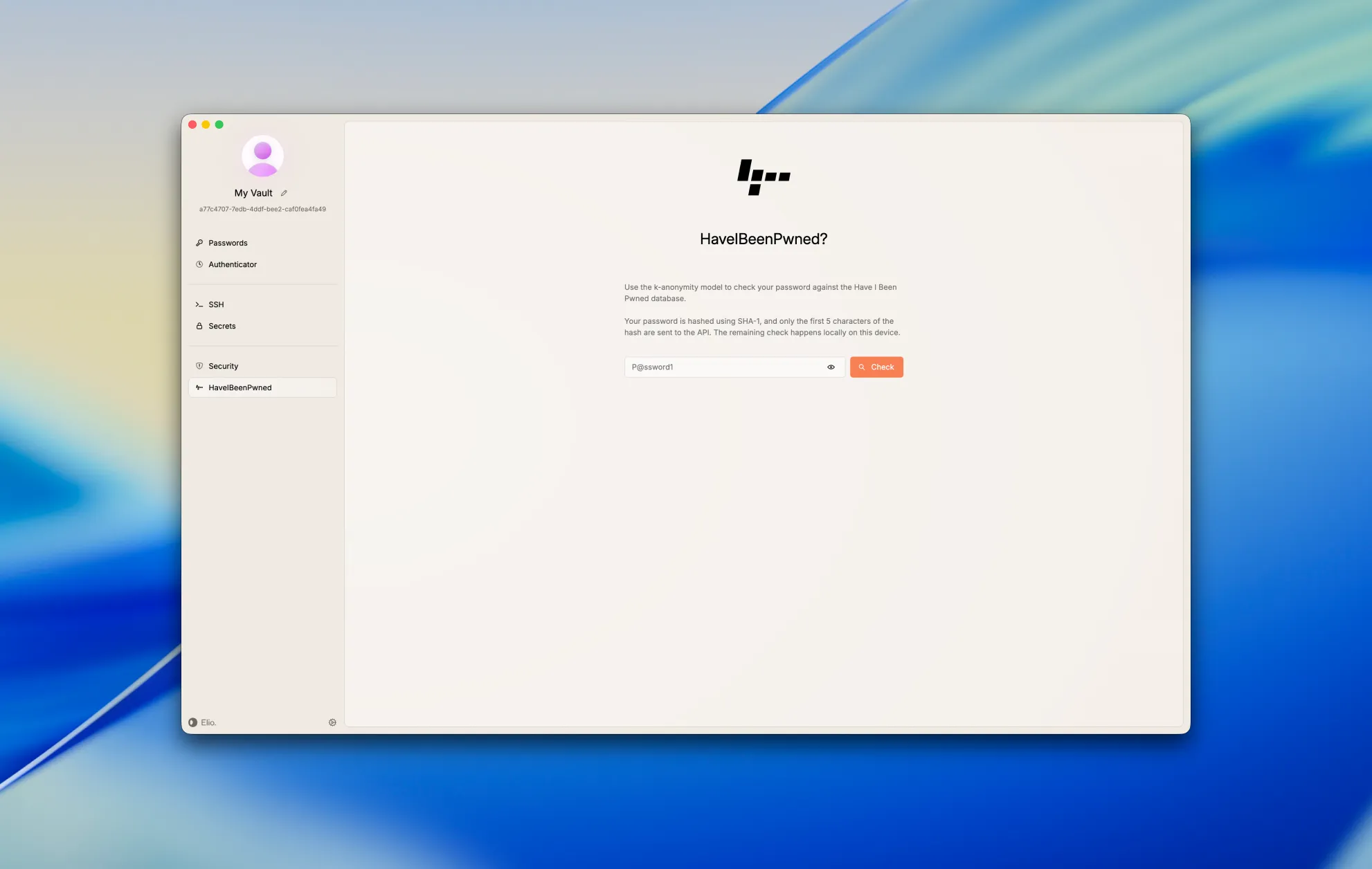A clean, macOS-style application window with a soft beige theme, featuring a left sidebar for vault navigation and a central panel focused on a password-checking interface—emphasizing the app’s layout and minimal, security-oriented design.